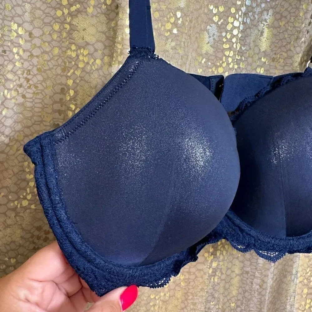 Victorias Secret Navy Blue Shimmer Sparkle Dream Angels Lined Demi Bra 34DD